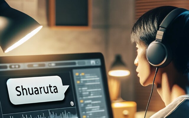 ヘッドホンで音声を聞きながらパソコンに向かう人のイラスト
