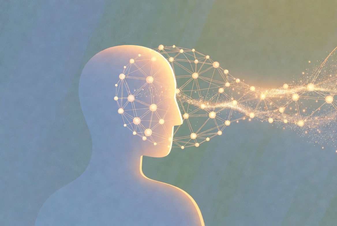 光のネットワークと人の横顔を描いた AI 活用イメージ